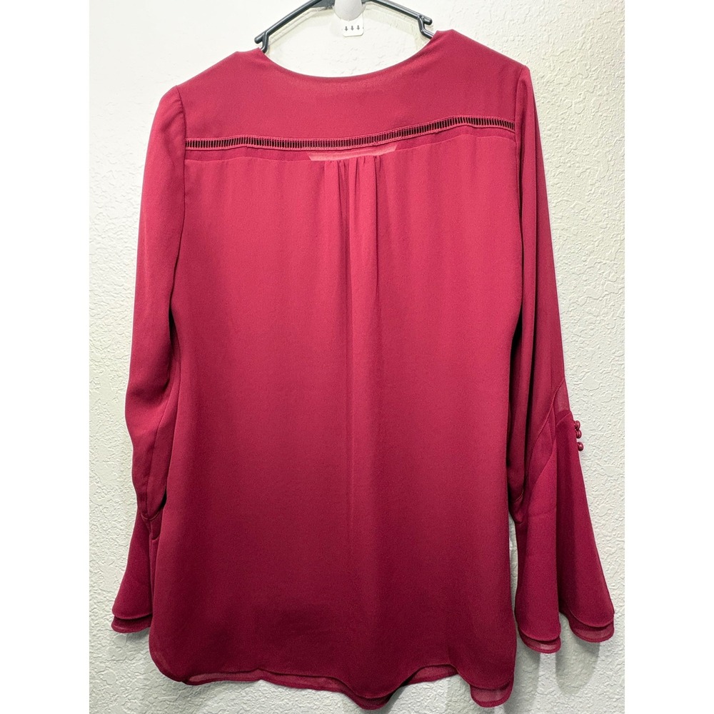 White House Black Market Women Burgundy Bell Sleeve Ruffle Blouse Top Size 2 - Picture 6 of 7